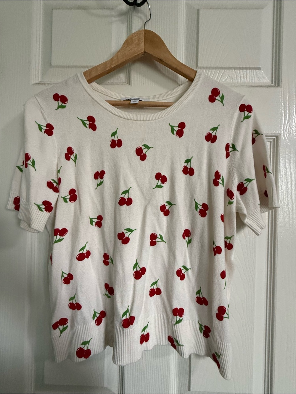 CeCe Cream Short-Sleeve Sweater with Red Cherry Print